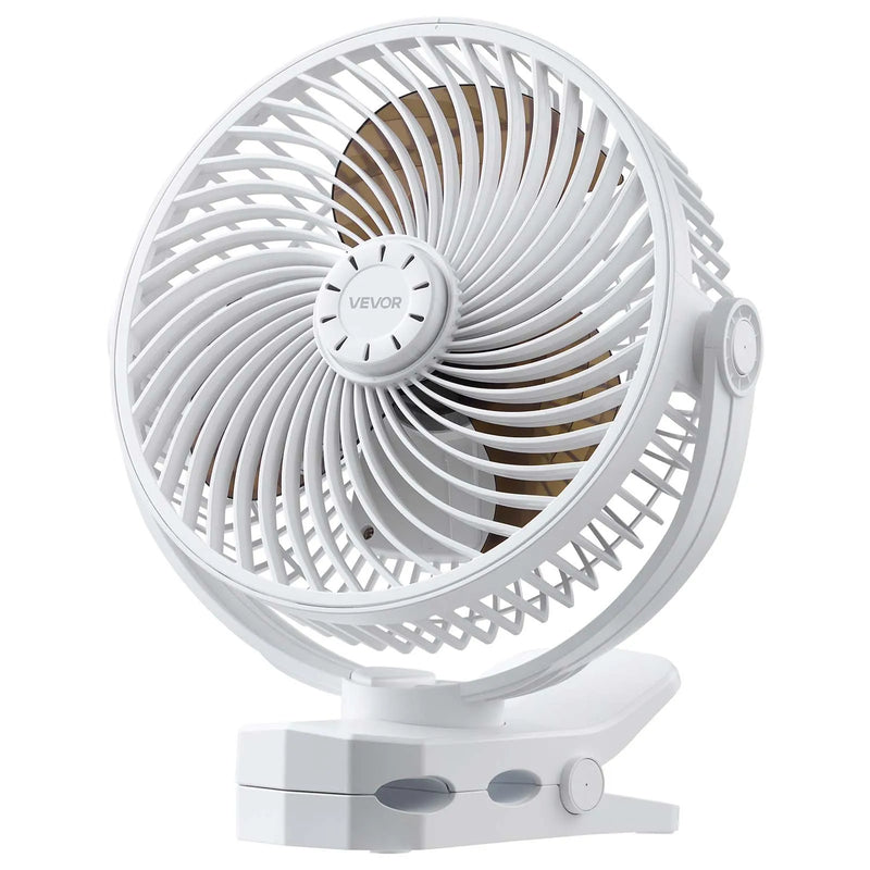VEVOR portatīvais ventilators ar klipsi, uzlādējams, USB pieslēgums, 3 ātrumi un cirkulācijas režīms, spēcīga gaisa plūsma, izturīgs stiprinājums, piemērots galdam, golfa ratiem, āra kempingam, skrejceliņam un birojam, balts - ZEMLETES.LV