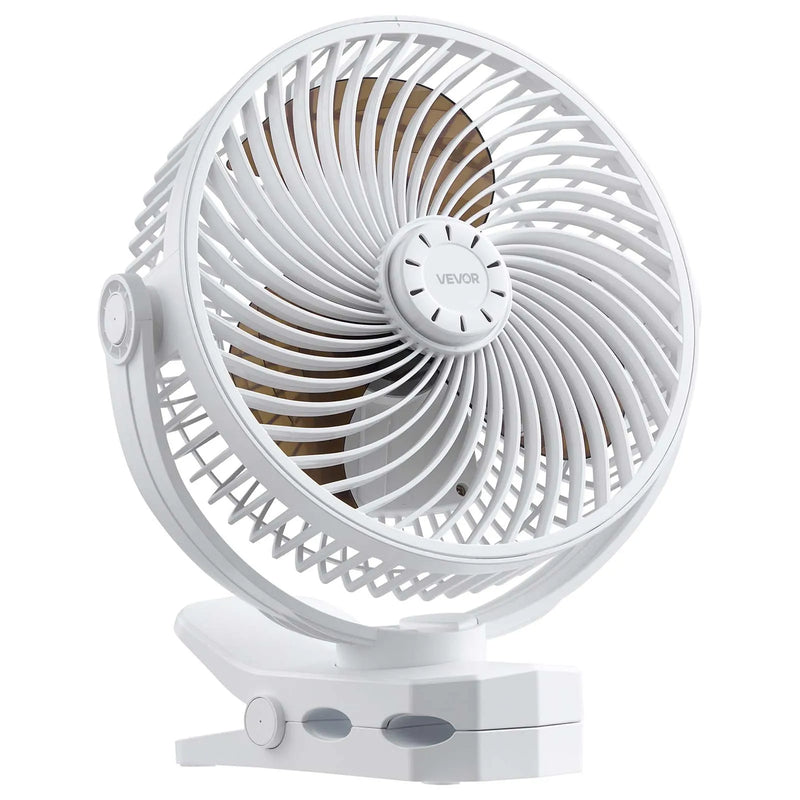 VEVOR portatīvais ventilators ar klipsi, uzlādējams, USB pieslēgums, 3 ātrumi un cirkulācijas režīms, spēcīga gaisa plūsma, izturīgs stiprinājums, piemērots galdam, golfa ratiem, āra kempingam, skrejceliņam un birojam, balts - ZEMLETES.LV