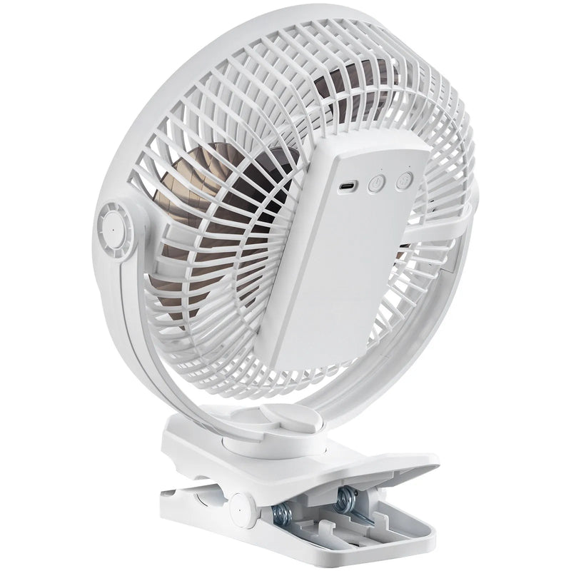 VEVOR portatīvais ventilators ar klipsi, uzlādējams, USB pieslēgums, 3 ātrumi un cirkulācijas režīms, spēcīga gaisa plūsma, izturīgs stiprinājums, piemērots galdam, golfa ratiem, āra kempingam, skrejceliņam un birojam, balts - ZEMLETES.LV