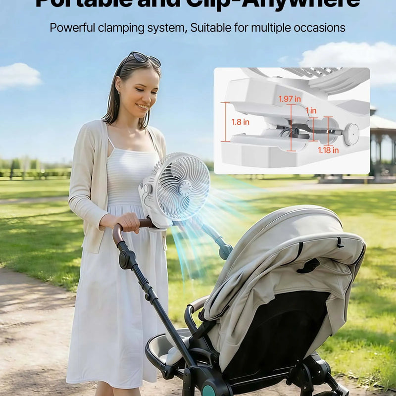 VEVOR portatīvais ventilators ar klipsi, uzlādējams, USB pieslēgums, 3 ātrumi un cirkulācijas režīms, spēcīga gaisa plūsma, izturīgs stiprinājums, piemērots galdam, golfa ratiem, āra kempingam, skrejceliņam un birojam, balts - ZEMLETES.LV
