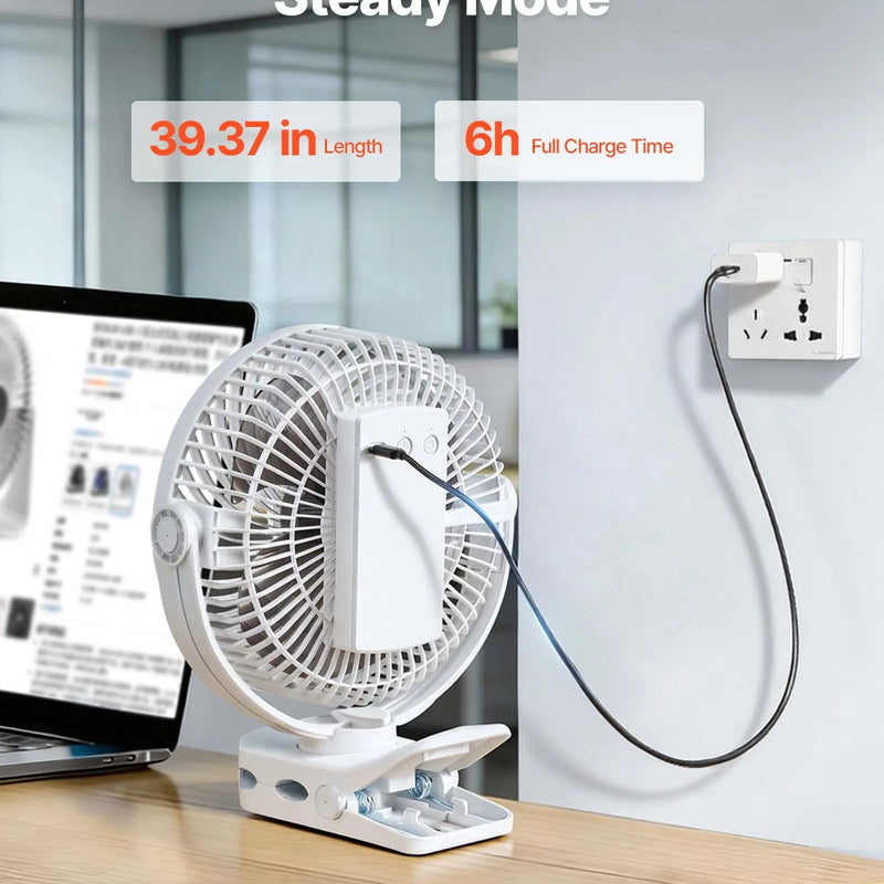 VEVOR portatīvais ventilators ar klipsi, uzlādējams, USB pieslēgums, 3 ātrumi un cirkulācijas režīms, spēcīga gaisa plūsma, izturīgs stiprinājums, piemērots galdam, golfa ratiem, āra kempingam, skrejceliņam un birojam, balts - ZEMLETES.LV