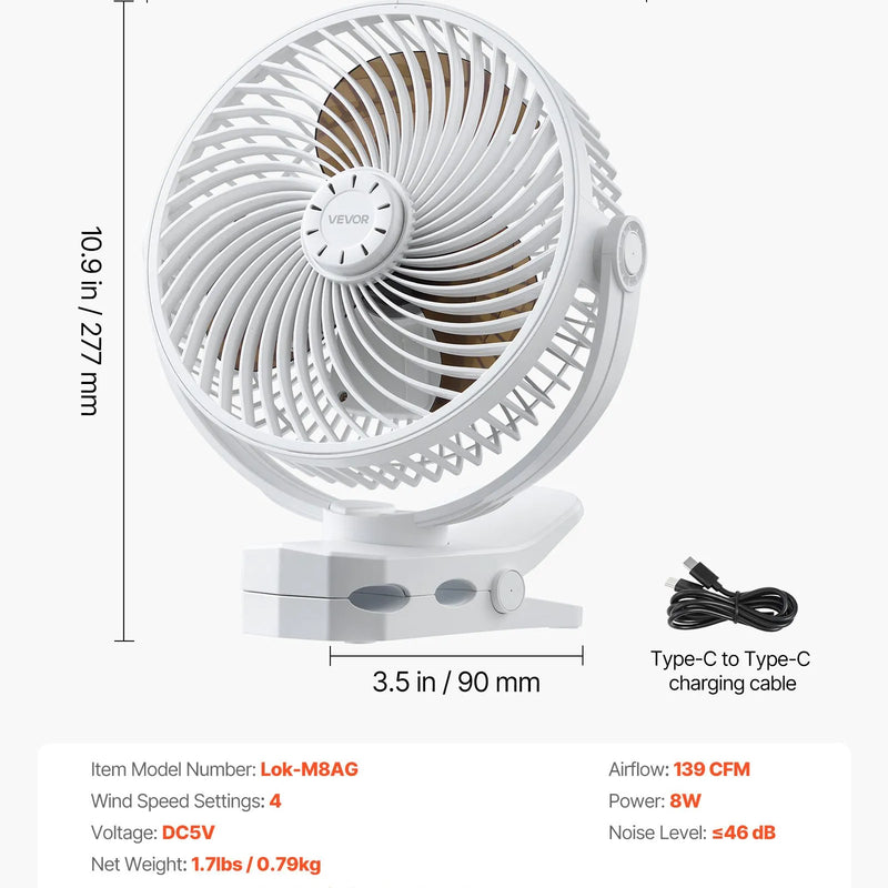 VEVOR portatīvais ventilators ar klipsi, uzlādējams, USB pieslēgums, 3 ātrumi un cirkulācijas režīms, spēcīga gaisa plūsma, izturīgs stiprinājums, piemērots galdam, golfa ratiem, āra kempingam, skrejceliņam un birojam, balts - ZEMLETES.LV
