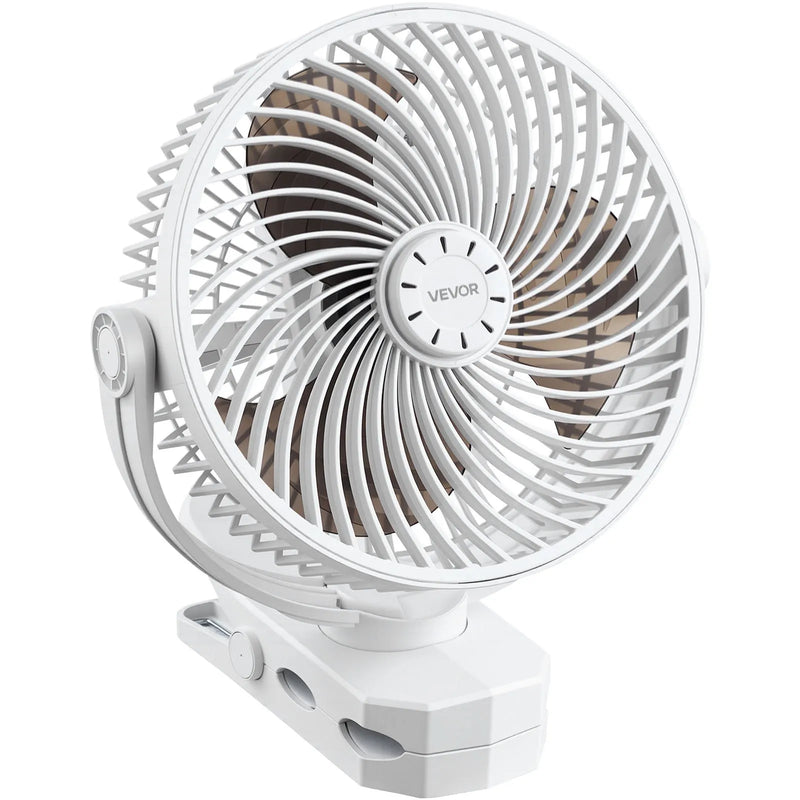 VEVOR portatīvais ventilators ar klipsi, uzlādējams, USB pieslēgums, 3 ātrumi un cirkulācijas režīms, spēcīga gaisa plūsma, izturīgs stiprinājums, piemērots galdam, golfa ratiem, āra kempingam, skrejceliņam un birojam, balts - ZEMLETES.LV