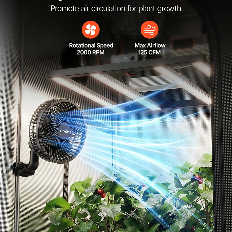 VEVOR augu ventilatori ar klipsi, uzlādējami, USB pieslēgums, 9 ātrumi un cirkulācijas režīms, viedā vadība, oscilējoši, ilgs darbības laiks, hidroponikai un audzēšanas teltīm, melni, 2 gab. - ZEMLETES.LV