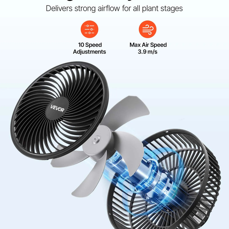 VEVOR augu ventilatori ar klipsi, uzlādējami, USB pieslēgums, 9 ātrumi un cirkulācijas režīms, viedā vadība, oscilējoši, ilgs darbības laiks, hidroponikai un audzēšanas teltīm, melni, 2 gab. - ZEMLETES.LV