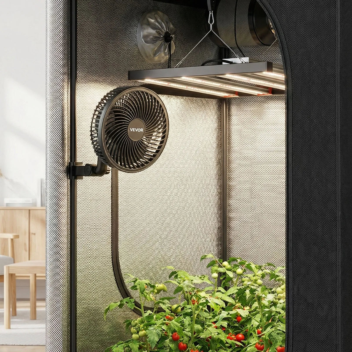 VEVOR augu ventilatori ar klipsi, uzlādējami, USB pieslēgums, 9 ātrumi un cirkulācijas režīms, viedā vadība, oscilējoši, ilgs darbības laiks, hidroponikai un audzēšanas teltīm, melni, 2 gab. - ZEMLETES.LV