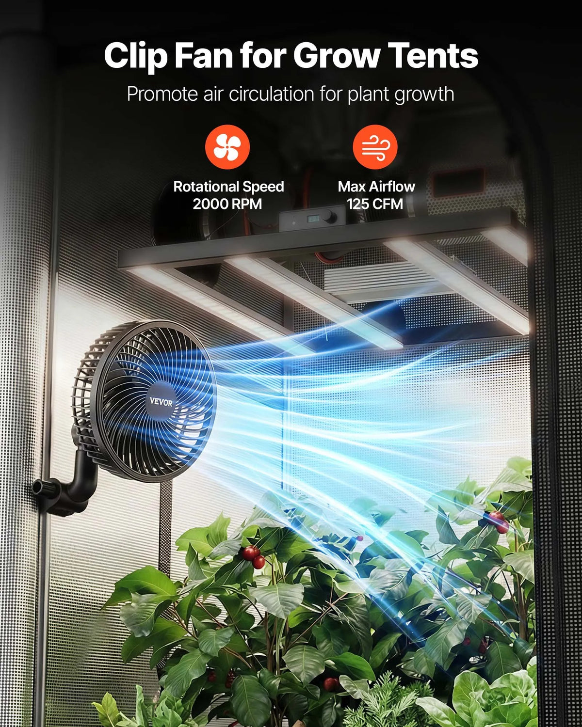 VEVOR augu ventilators ar klipsi, uzlādējams, USB pieslēgums, 9 ātrumi un cirkulācijas režīms, viedā vadība, oscilējošs, ilgs darbības laiks, hidroponikai un audzēšanas teltīm, melns, 1 gab. - ZEMLETES.LV