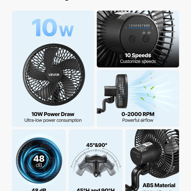 VEVOR augu ventilators ar klipsi, uzlādējams, USB pieslēgums, 9 ātrumi un cirkulācijas režīms, viedā vadība, oscilējošs, ilgs darbības laiks, hidroponikai un audzēšanas teltīm, melns, 1 gab. - ZEMLETES.LV
