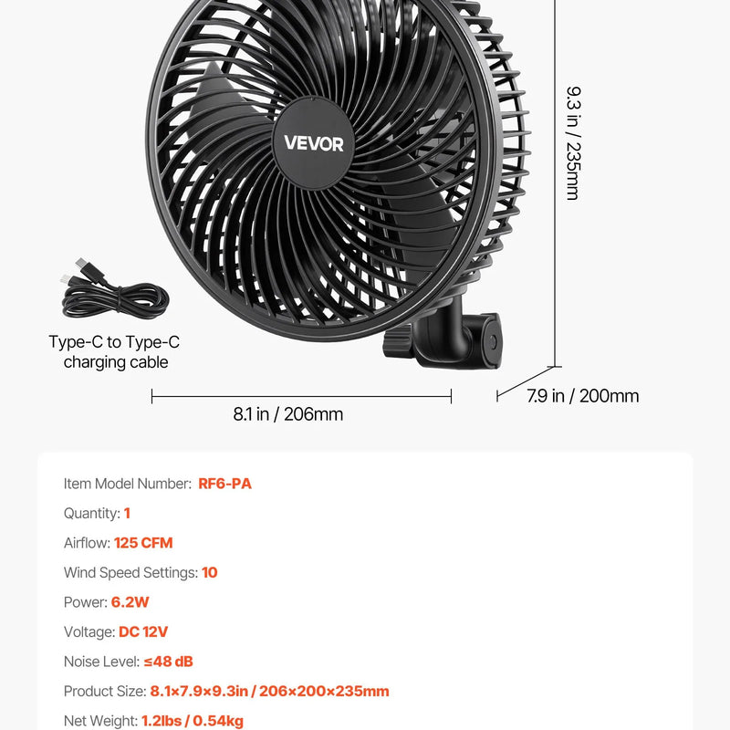 VEVOR augu ventilators ar klipsi, uzlādējams, USB pieslēgums, 9 ātrumi un cirkulācijas režīms, viedā vadība, oscilējošs, ilgs darbības laiks, hidroponikai un audzēšanas teltīm, melns, 1 gab. - ZEMLETES.LV