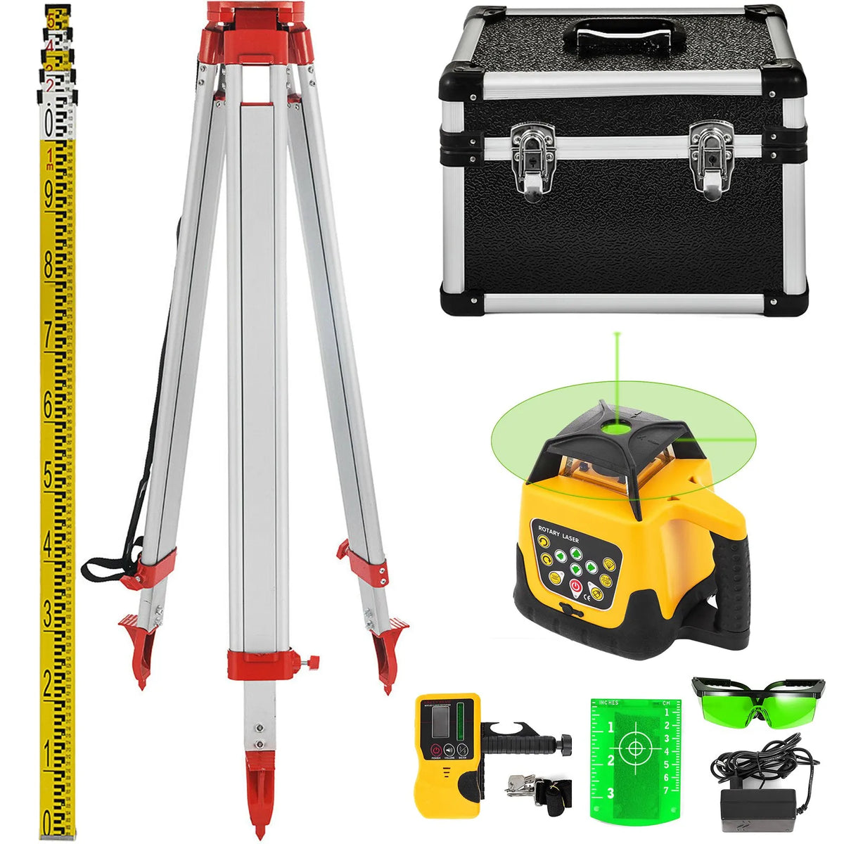 VEVOR Rotary Green Laser Level Kit, 500 m + 1.65 m Aluminium Tripod + 5 m Laser Measuring Tape