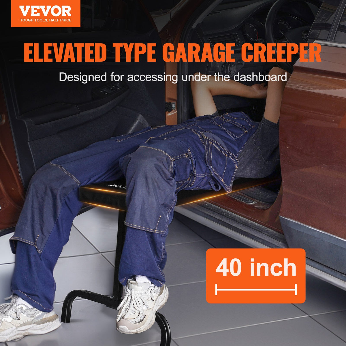 VEVOR 102 cm Apakšpaneļa Ratiņkrēsls, 150 kg, Regulējams Augstums, Ripojošs Garāžas Modelis