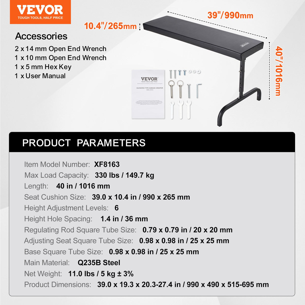 VEVOR 102 cm Apakšpaneļa Ratiņkrēsls, 150 kg, Regulējams Augstums, Ripojošs Garāžas Modelis