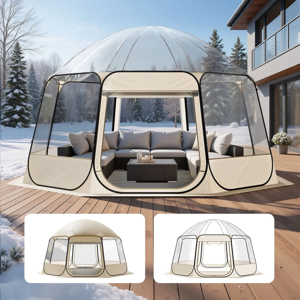 Uzpūšamā kupola tipa telts, 4,58 × 4,32 m, ūdensnecaurlaidīga un UV staru izturīga, caurspīdīga kempinga telts ar logiem un 540° panorāmas skatu, piemērota 12-15 personām dārzam, terasei vai pagalmam