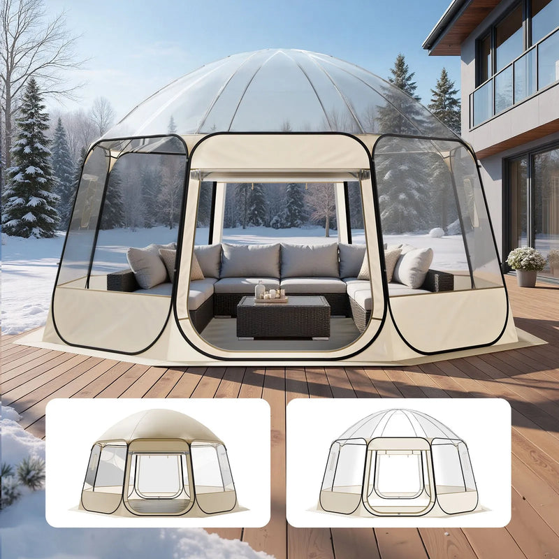 Uzpūšamā kupola tipa telts, 4,58 × 4,32 m, ūdensnecaurlaidīga un UV staru izturīga, caurspīdīga kempinga telts ar logiem un 540° panorāmas skatu, piemērota 12–15 personām dārzam, terasei vai pagalmam