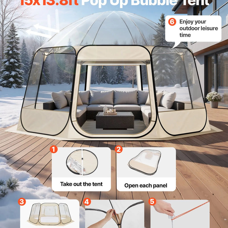 Uzpūšamā kupola tipa telts, 4,58 × 4,32 m, ūdensnecaurlaidīga un UV staru izturīga, caurspīdīga kempinga telts ar logiem un 540° panorāmas skatu, piemērota 12–15 personām dārzam, terasei vai pagalmam