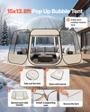 Uzpūšamā kupola tipa telts, 4,58 × 4,32 m, ūdensnecaurlaidīga un UV staru izturīga, caurspīdīga kempinga telts ar logiem un 540° panorāmas skatu, piemērota 12–15 personām dārzam, terasei vai pagalmam