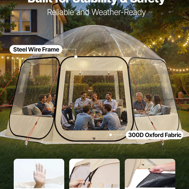 Uzpūšamā kupola tipa telts, 4,58 × 4,32 m, ūdensnecaurlaidīga un UV staru izturīga, caurspīdīga kempinga telts ar logiem un 540° panorāmas skatu, piemērota 12–15 personām dārzam, terasei vai pagalmam