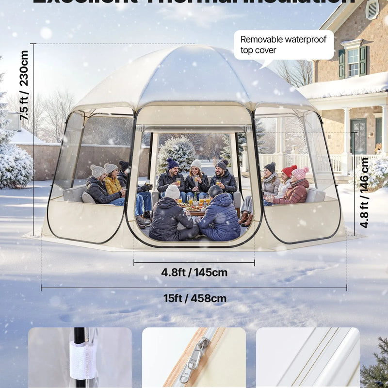 Uzpūšamā kupola tipa telts, 4,58 × 4,32 m, ūdensnecaurlaidīga un UV staru izturīga, caurspīdīga kempinga telts ar logiem un 540° panorāmas skatu, piemērota 12–15 personām dārzam, terasei vai pagalmam