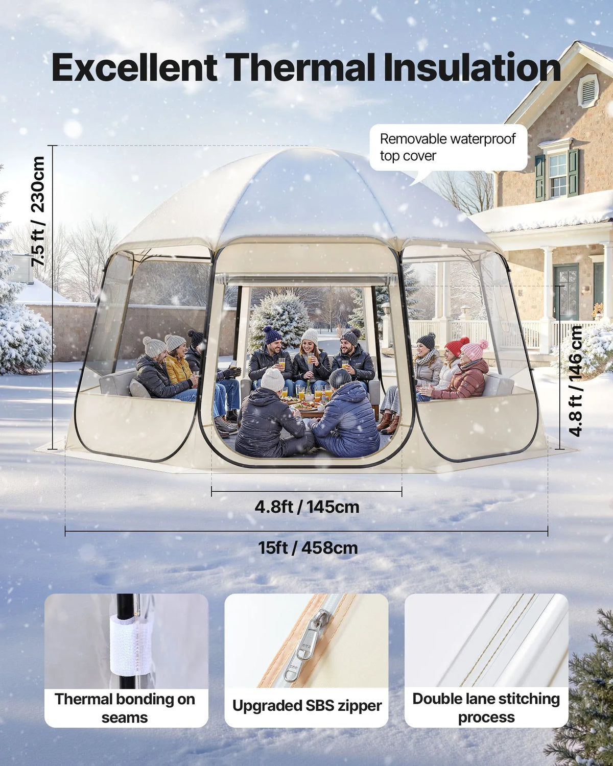 Uzpūšamā kupola tipa telts, 4,58 × 4,32 m, ūdensnecaurlaidīga un UV staru izturīga, caurspīdīga kempinga telts ar logiem un 540° panorāmas skatu, piemērota 12-15 personām dārzam, terasei vai pagalmam