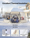 Uzpūšamā kupola tipa telts, 4,58 × 4,32 m, ūdensnecaurlaidīga un UV staru izturīga, caurspīdīga kempinga telts ar logiem un 540° panorāmas skatu, piemērota 12–15 personām dārzam, terasei vai pagalmam