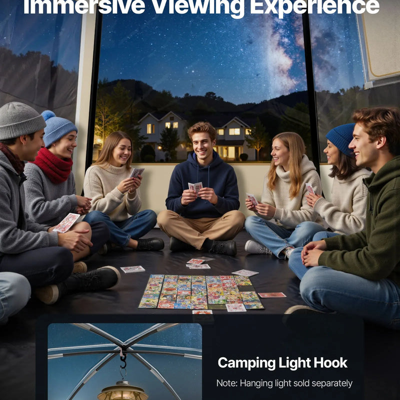 Uzpūšamā kupola tipa telts, 4,58 × 4,32 m, ūdensnecaurlaidīga un UV staru izturīga, caurspīdīga kempinga telts ar logiem un 540° panorāmas skatu, piemērota 12–15 personām dārzam, terasei vai pagalmam