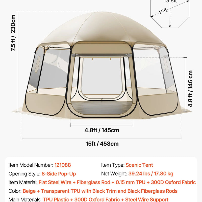 Uzpūšamā kupola tipa telts, 4,58 × 4,32 m, ūdensnecaurlaidīga un UV staru izturīga, caurspīdīga kempinga telts ar logiem un 540° panorāmas skatu, piemērota 12–15 personām dārzam, terasei vai pagalmam