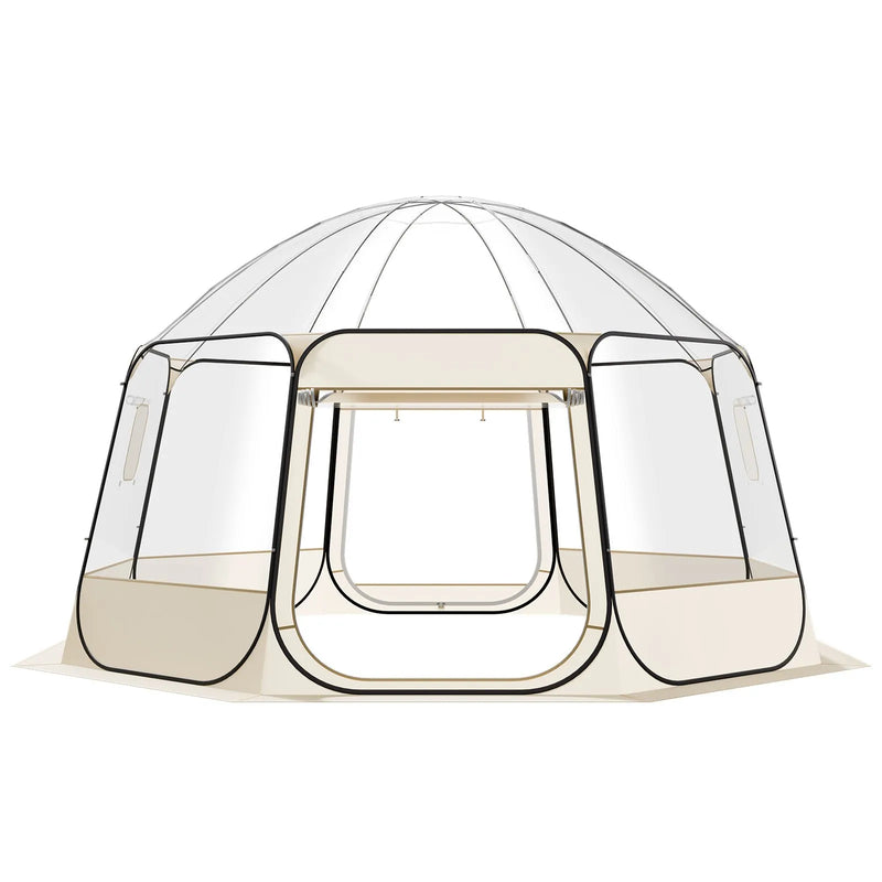 Uzpūšamā kupola tipa telts, 4,58 × 4,32 m, ūdensnecaurlaidīga un UV staru izturīga, caurspīdīga kempinga telts ar logiem un 540° panorāmas skatu, piemērota 12–15 personām dārzam, terasei vai pagalmam