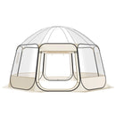 Uzpūšamā kupola tipa telts, 4,58 × 4,32 m, ūdensnecaurlaidīga un UV staru izturīga, caurspīdīga kempinga telts ar logiem un 540° panorāmas skatu, piemērota 12–15 personām dārzam, terasei vai pagalmam