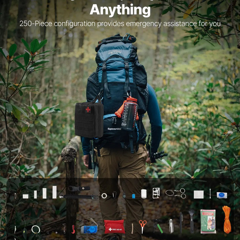 Izdzīvošanas pirmās palīdzības komplekts, 250 vienības, izdzīvošanas aprīkojums un piederumi, neatliekamās palīdzības komplekti vīriešiem un sievietēm kempingam, laivai, zemestrīcēm, pārgājieniem, medībām un āra piedzīvojumiem.