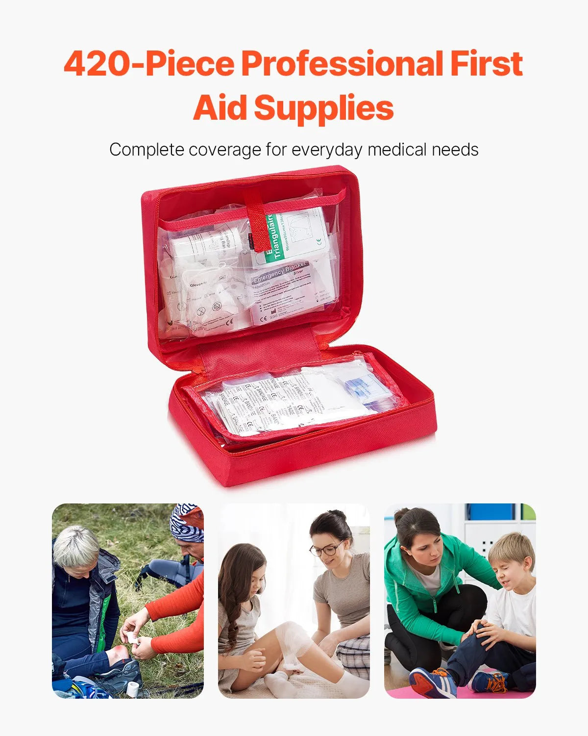 First Aid Kit, 420 Units, Emergency Medical Supplies for Home, Car, Office, Travel, Camping, Truck, Hiking, Sports, Vehicles and Outdoor Emergencies