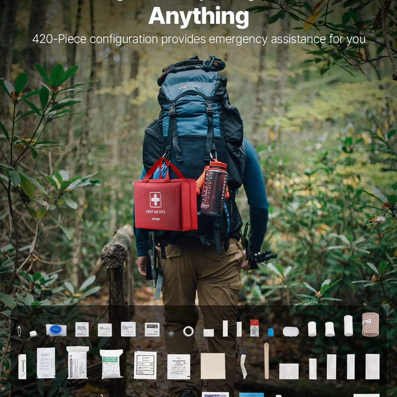 Pirmās palīdzības komplekts, 420 vienības, neatliekamās medicīnas piederumi mājai, automašīnai, birojam, ceļošanai, kempingam, kravas automašīnai, pārgājieniem, sportam, transportlīdzekļiem un āra ārkārtas situācijām.