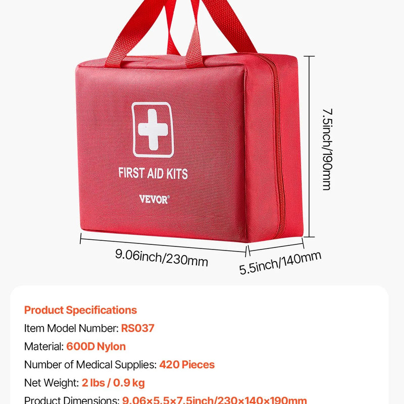 Pirmās palīdzības komplekts, 420 vienības, neatliekamās medicīnas piederumi mājai, automašīnai, birojam, ceļošanai, kempingam, kravas automašīnai, pārgājieniem, sportam, transportlīdzekļiem un āra ārkārtas situācijām.