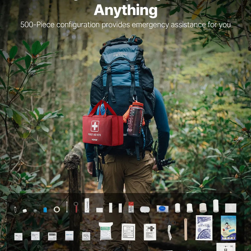 Pirmās palīdzības komplekts, 500 vienības, neatliekamās medicīnas piederumi mājai, automašīnai, birojam, ceļošanai, kempingam, kravas automašīnai, pārgājieniem, sportam, transportlīdzekļiem un āra ārkārtas situācijām.
