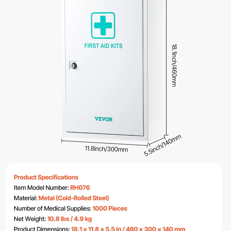 3 plauktu pirmās palīdzības skapis, 1000 vienības, liela ietilpība, pie sienas stiprināms medicīnas skapis, OSHA & ANSI 2015 (Class A), rūpnieciskais neatliekamās palīdzības metāla skapis uzņēmumiem un darba vietām