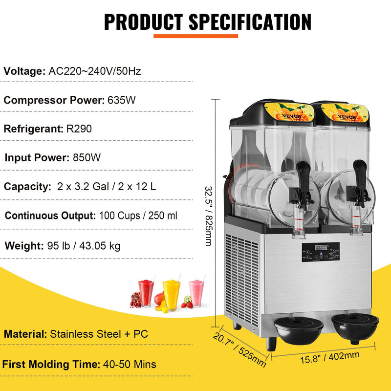 VEVOR Dubultā Ledus Kokteiļu Mašīna 2x12L, 950W, Nerūsējošais Tērauds