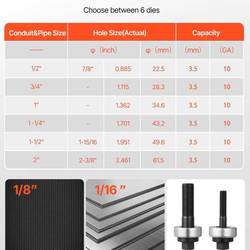 VEVOR sprūdrata caurumu izsišanas instrumentu komplekts SLUG-Buster, caurumu diametrs 12,7–50,8 mm, ar 6 matricām, 40Cr tērauds, alumīnijam, mīkstajam tēraudam, stikla šķiedrai un plastmasai