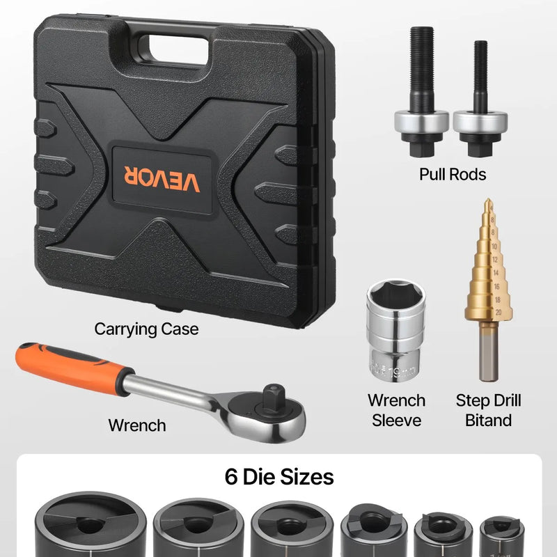 VEVOR sprūdrata caurumu izsišanas instrumentu komplekts SLUG-Buster, caurumu diametrs 12,7–50,8 mm, ar 6 matricām, 40Cr tērauds, alumīnijam, mīkstajam tēraudam, stikla šķiedrai un plastmasai