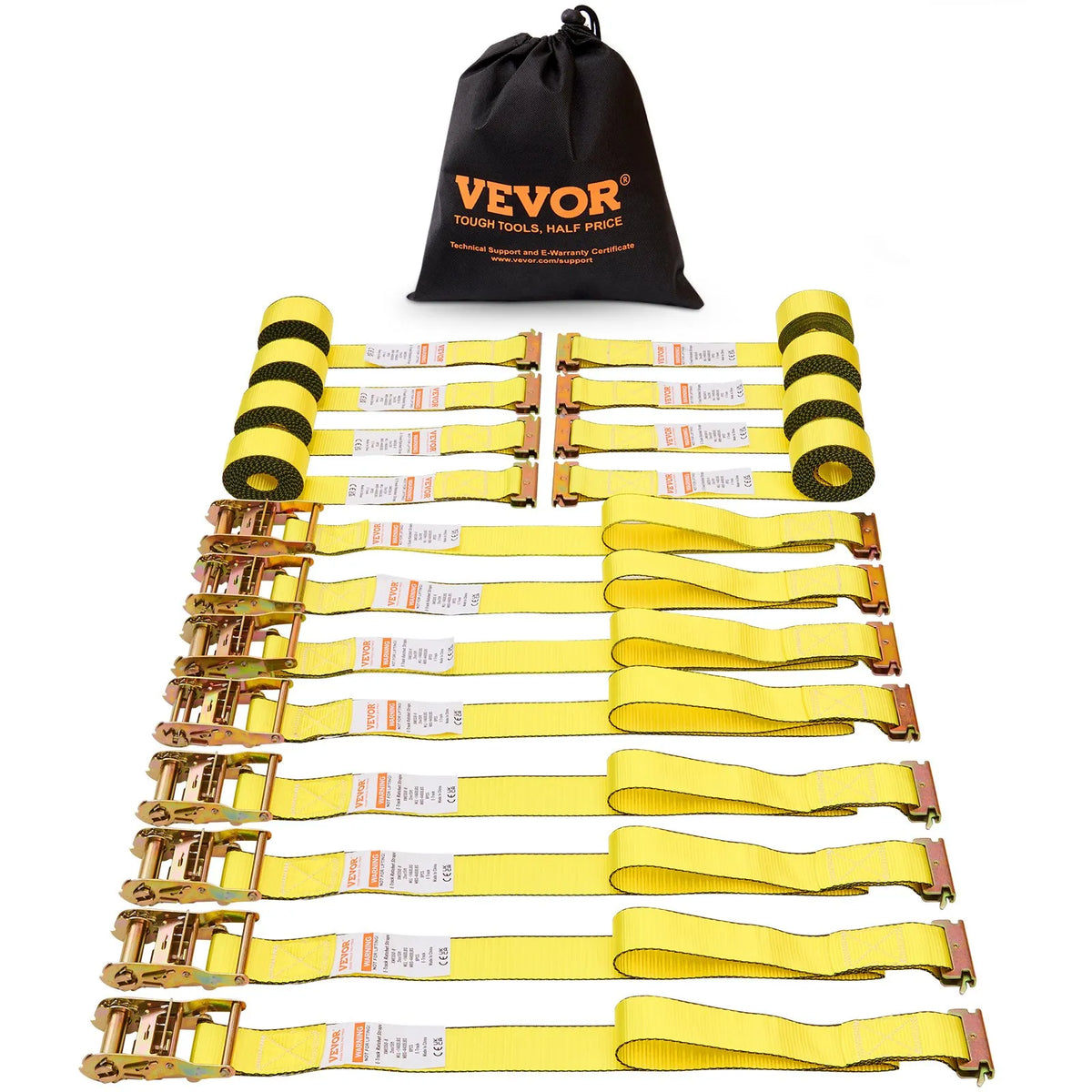 Ratchet Tie-Down Strap Set, 8 Pieces, 1995.8 kg Breaking Strength, E-Track Endless Ratchet Straps 50 mm × 4.6 m, Heavy-Duty, for Cargo, Appliance and Garden Equipment Securing