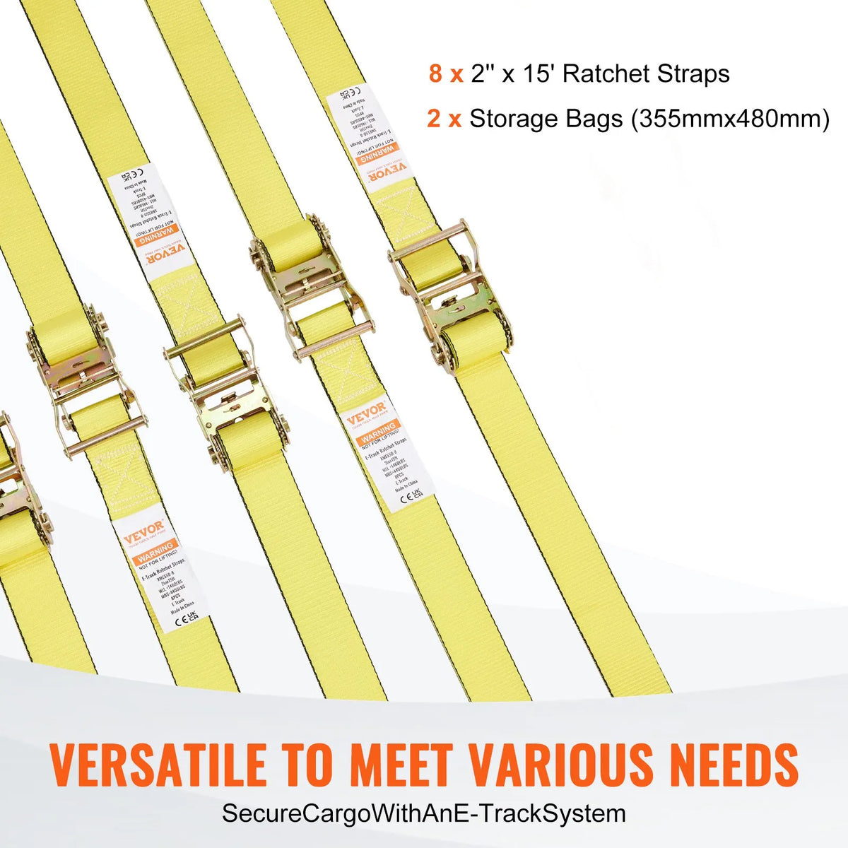 Ratchet Tie-Down Strap Set, 8 Pieces, 1995.8 kg Breaking Strength, E-Track Endless Ratchet Straps 50 mm × 4.6 m, Heavy-Duty, for Cargo, Appliance and Garden Equipment Securing