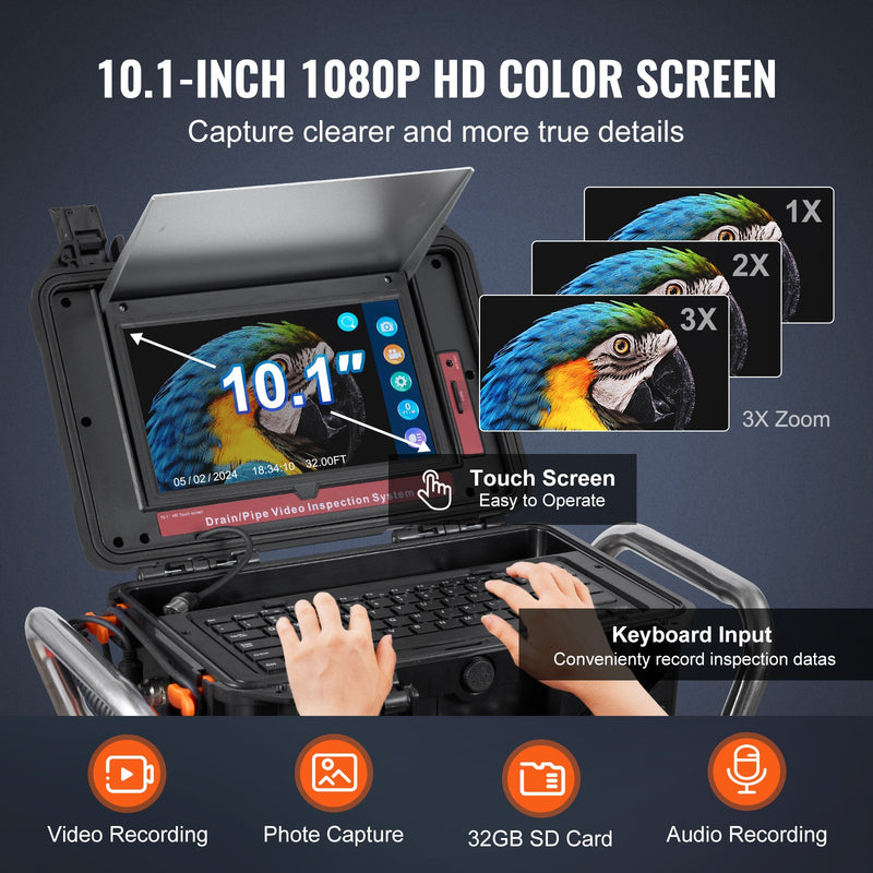 VEVOR Kanalizācijas kamera 100 m pašlīmeņojoša drenāžas kamera ar 25,65 cm skārienekrānu