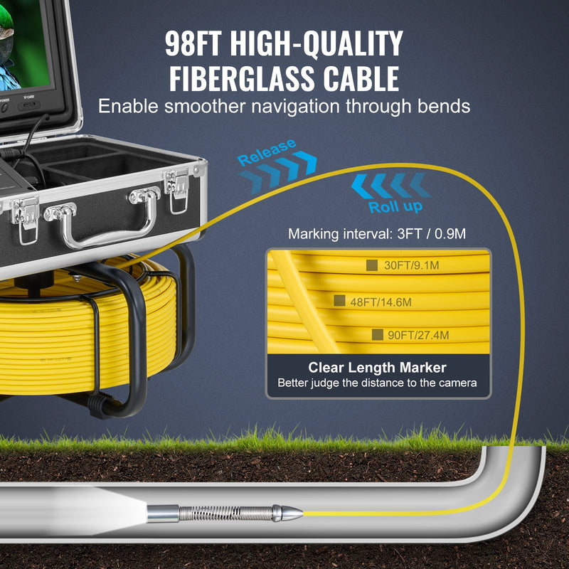 VEVOR Kanalizācijas Kamera 30 m / 98 pēdas Pašlīmeņojoša Drenāžas Cauruļvadu Kamera ar 512Hz Lokaatoru