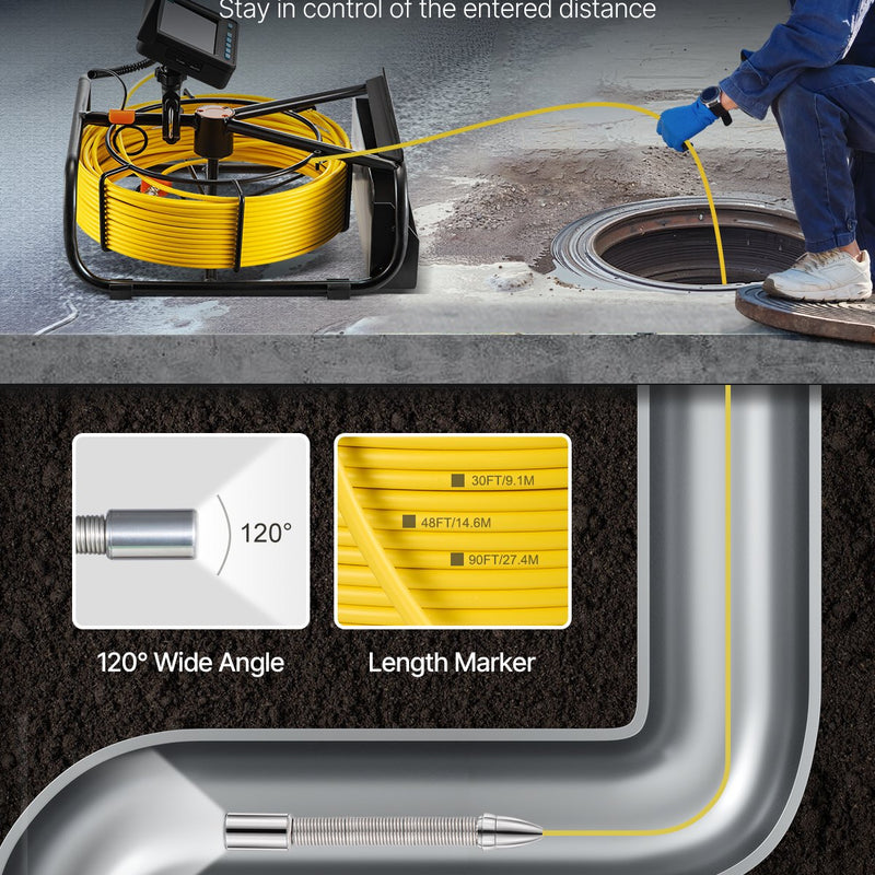 VEVOR kanalizācijas kamera 30m, 10,92 cm cauruļu kamera ar regulējamu LED un 16GB karti