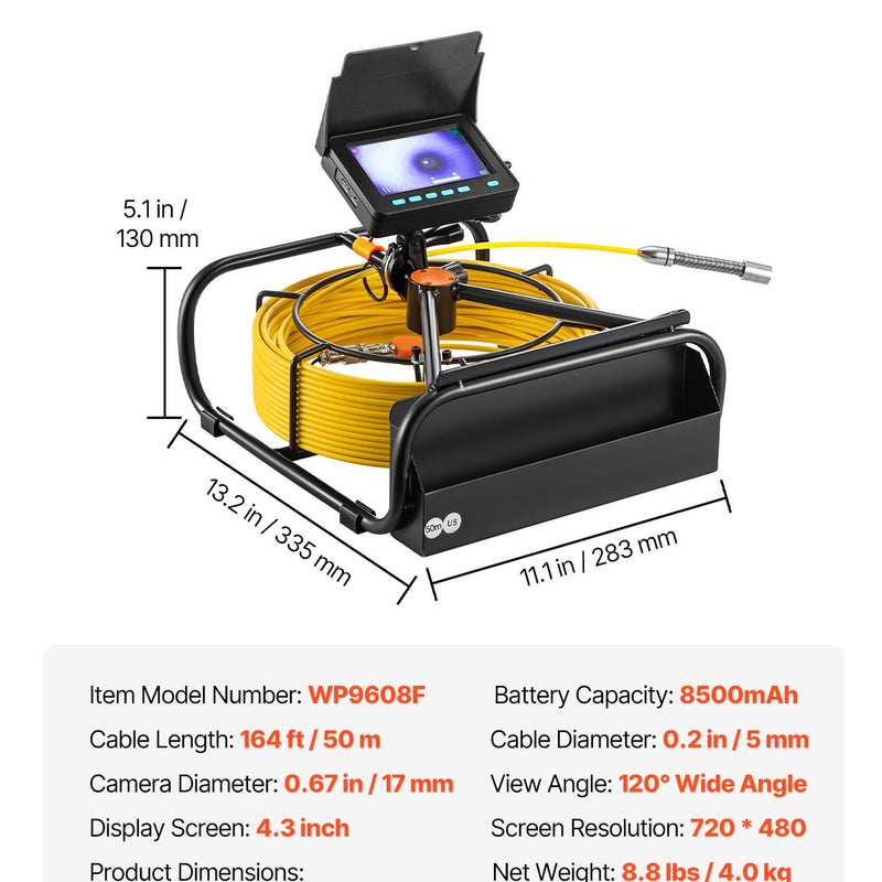 VEVOR kanalizācijas kamera 50 m, 10,92 cm kanālu kamera ar 6 regulējamām LED gaismām un 16GB atmiņas karte