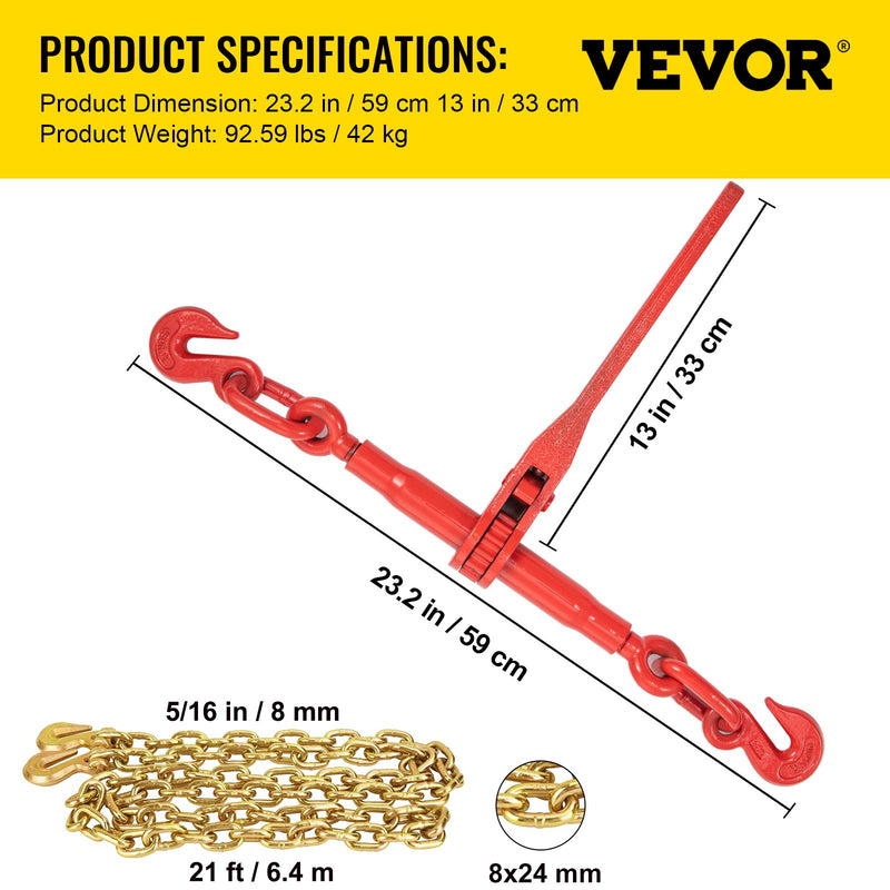 VEVOR sprūdrata kravas spriegotāju un ķēžu komplekts | 8 mm nostiprināšanas komplekts | 2994 kg slodzes kapacitāte | 4 sprūdrata spriegotāji un 6,4 m G80 ķēdes