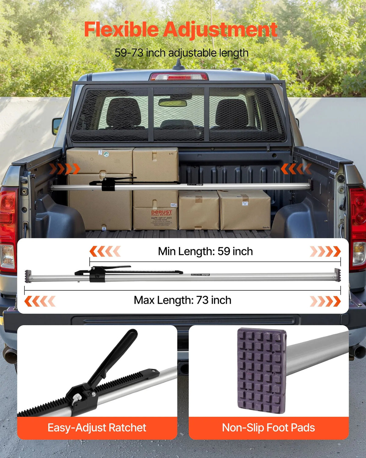 VEVOR Cargo Tie-Down Bar, Ratchet-Type Load Bar with Adjustable Length 1499–1854 mm, Durable Steel Cargo Stabiliser with Non-Slip Support Ends, Telescopic Cargo Securing Bars for Pickup Truck Bed