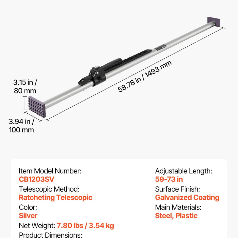 VEVOR kravas fiksācijas stienis, sprūdrata tipa kravas stienis ar regulējamu garumu 1499–1854 mm, izturīgs tērauda kravas stabilizators ar neslīdošiem balsta uzgaļiem, teleskopiski kravas fiksācijas stieņi pikapa kravas kastei.