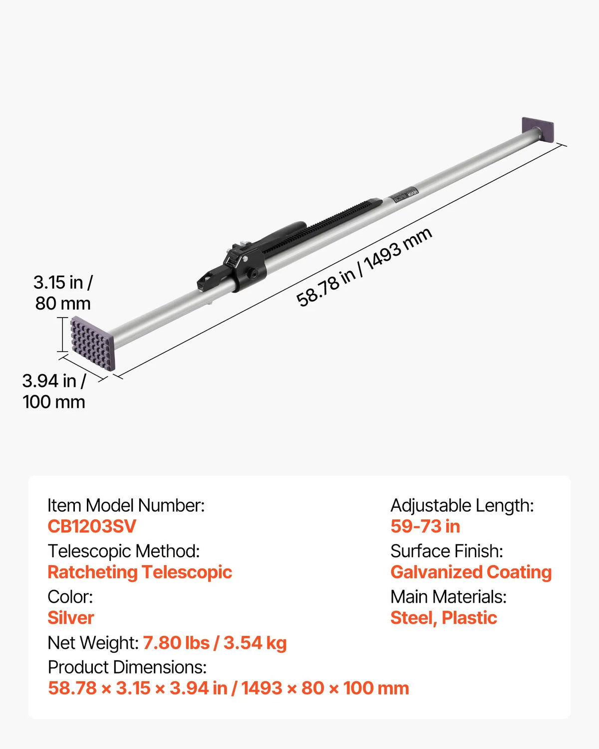 VEVOR Cargo Tie-Down Bar, Ratchet-Type Load Bar with Adjustable Length 1499–1854 mm, Durable Steel Cargo Stabiliser with Non-Slip Support Ends, Telescopic Cargo Securing Bars for Pickup Truck Bed