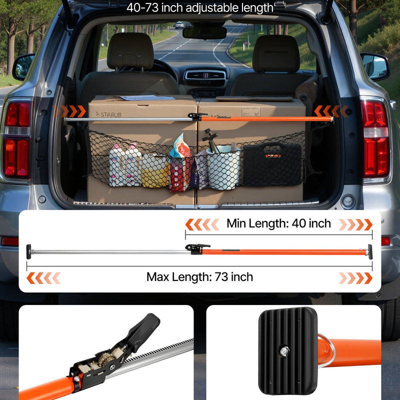 VEVOR kravas fiksēšanas stienis ar sprūdrata mehānismu, regulējams 1016–1854 mm, pastiprināta tērauda kravas stabilizators ar uzglabāšanas tīklu un neslīdošiem spilventiņiem, teleskopisks kravas bloķētājs SUV, sedaniem un furgoniem