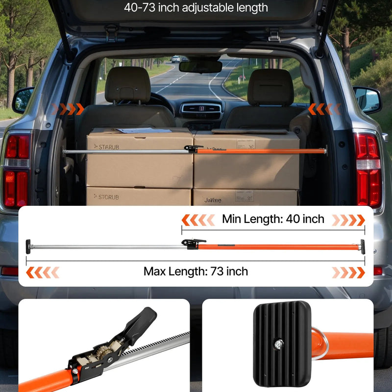 VEVOR kravas fiksēšanas stienis ar sprūdrata mehānismu, regulējams 1016–1854 mm, pastiprināta tērauda teleskopiska kravas bloķēšanas sistēma ar neslīdošiem atbalsta spilventiņiem, paredzēta SUV un vieglajiem automobiļiem