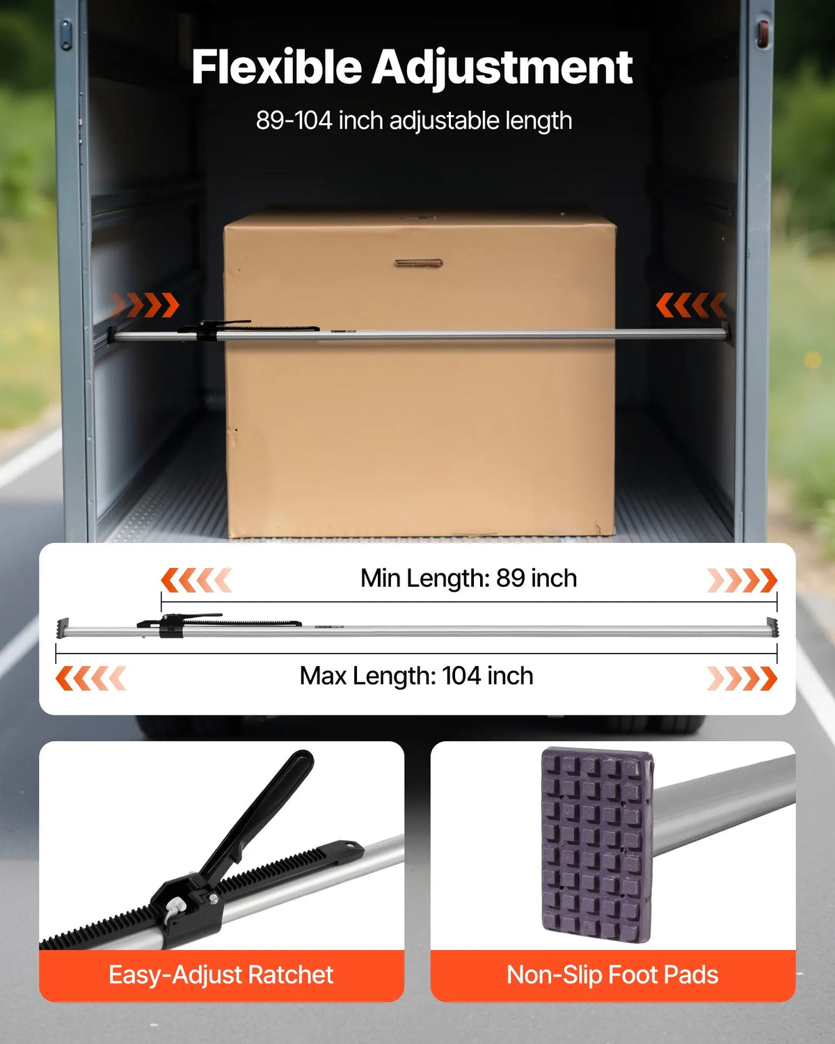 VEVOR Cargo Tie-Down Bar, Ratchet Type Load Bar with Adjustable Length 2261–2642 mm, Durable Steel Cargo Stabiliser with Non-Slip Ends, for Securing Cargo in Truck Beds, Semi-Trailers and Trailers (2 pcs)